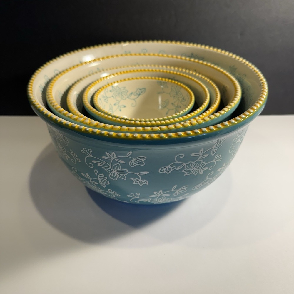 Temptations by Tara Floral Lace Blue Nesting Mixing Bowls Set 5 Ovenware
